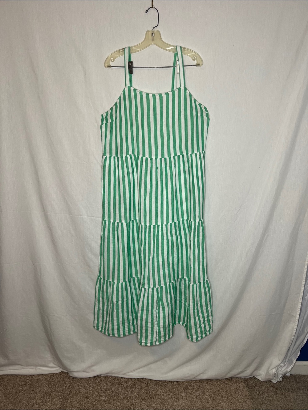 Green & White Striped Tiered Sundress | Smocked Back | Women’s Large